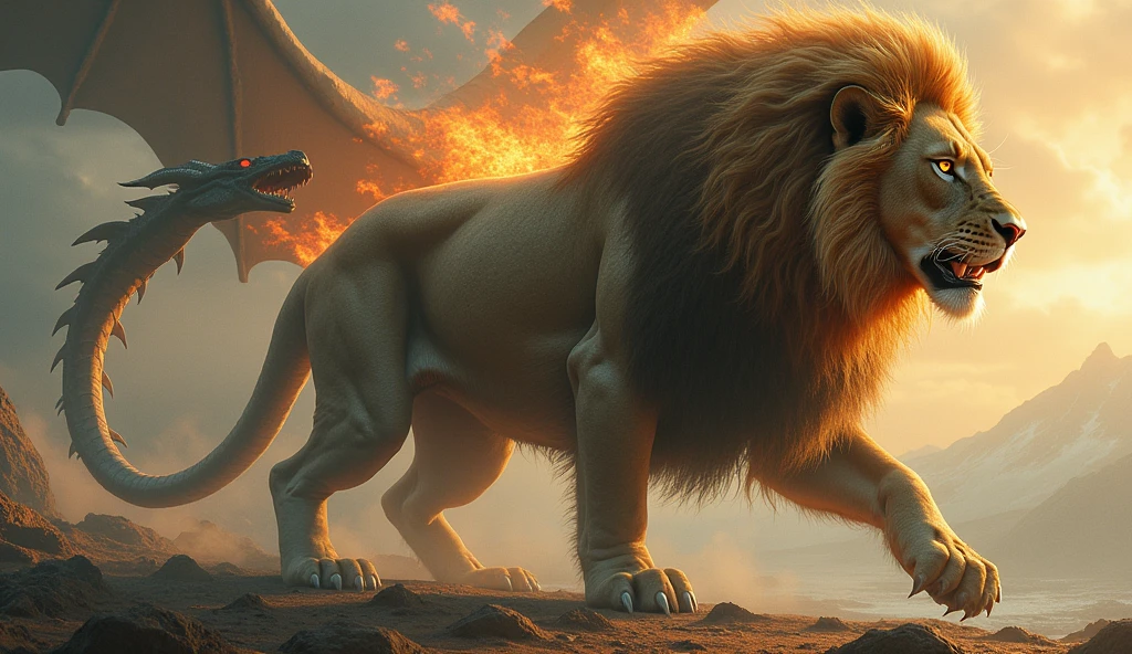 Imagine a colossal chimera that defies all logic and stands as the epitome of the mythological., A fusion of majestic creatures that combine into a being of nightmare and wonder. Its main head is that of an imposing lion., with a golden mane that waves like flames under the light of a twilight sun. His deep amber eyes sparkle with a wild intelligence, and its fangs, long and sharp, They seem made to tear apart reality itself. A second head emerges from its muscular back., That of a black goat with twisted horns and red eyes that shine with sinister cunning, always alert, always calculating. But the wonder doesn't end there; instead of a simple tail, This monster carries the head of a dragon on the tip of its serpentine tail.. This draconic head, covered in dark green scales and reptilian eyes that reflect the fire within., She is always ready to launch a blast of hellish flames that consume everything in her path.. The Chimera's body is a combination of strength and agility, with the powerful torso of a lion that joins a scaly back, while two huge bat wings spread out on his back. There are wings, Black as night and with reddish hues, They beat with such force that the air around them becomes a whirlwind.. Each of his steps resonates like thunder, and its claws, capable of tearing steel, They sink into the ground with a power that defies the gods themselves.. The Chimera, of enormous dimensions, It is a fusion of the largest predators, a beast whose mere presence inspires awe. It is the very embodiment of indomitable strength, of chaos and absolute power, A being that defies the imagination and stands as the pinnacle of the epic.
