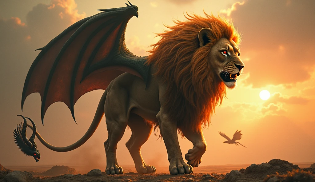 Imagine a colossal chimera that defies all logic and stands as the epitome of the mythological., A fusion of majestic creatures that combine into a being of nightmare and wonder. Its main head is that of an imposing lion., with a golden mane that waves like flames under the light of a twilight sun. His deep amber eyes sparkle with a wild intelligence, and its fangs, long and sharp, They seem made to tear apart reality itself. A second head emerges from its muscular back., That of a black goat with twisted horns and red eyes that shine with sinister cunning, always alert, always calculating. But the wonder doesn't end there; instead of a simple tail, This monster carries the head of a dragon on the tip of its serpentine tail.. This draconic head, covered in dark green scales and reptilian eyes that reflect the fire within., She is always ready to launch a blast of hellish flames that consume everything in her path.. The Chimera's body is a combination of strength and agility, with the powerful torso of a lion that joins a scaly back, while two huge bat wings spread out on his back. There are wings, Black as night and with reddish hues, They beat with such force that the air around them becomes a whirlwind.. Each of his steps resonates like thunder, and its claws, capable of tearing steel, They sink into the ground with a power that defies the gods themselves.. The Chimera, of enormous dimensions, It is a fusion of the largest predators, a beast whose mere presence inspires awe. It is the very embodiment of indomitable strength, of chaos and absolute power, A being that defies the imagination and stands as the pinnacle of the epic.