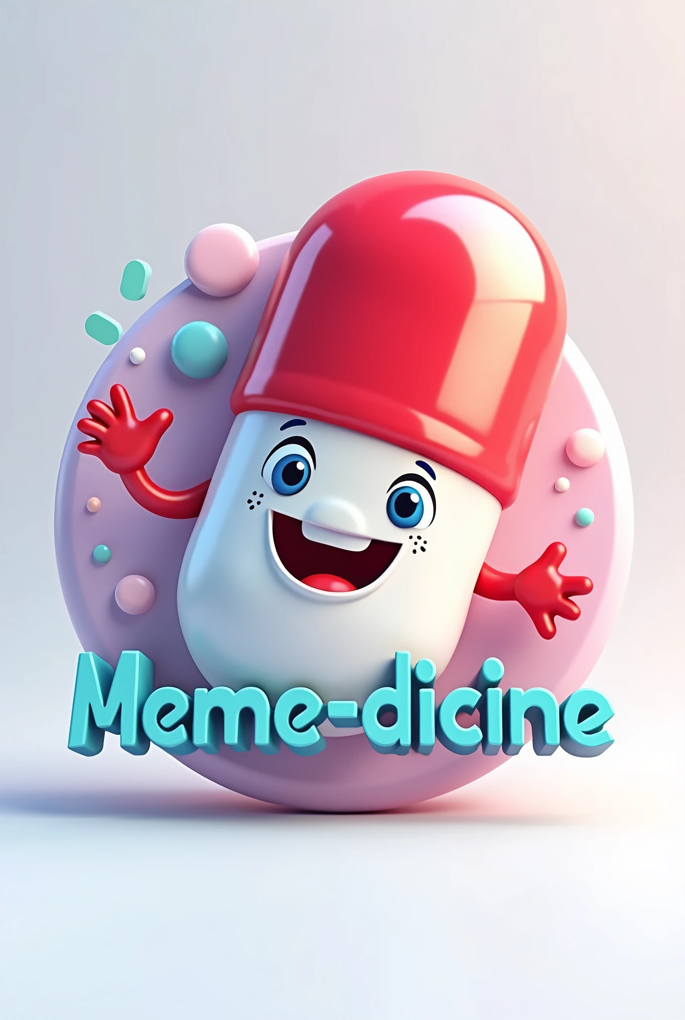 Design a 3D logo for a meme page called 'meme-dicine.' The logo should blend humor and medicine themes. The central element should be a pill capsule, one half red and the other white, with a big, playful smile and expressive cartoon eyes, symbolizing laughter. The text 'meme-dicine' should curve around the capsule in a modern, bold font, with bright, eye-catching colors. The overall vibe should be fun and engaging, appealing to a young audience that enjoys memes.