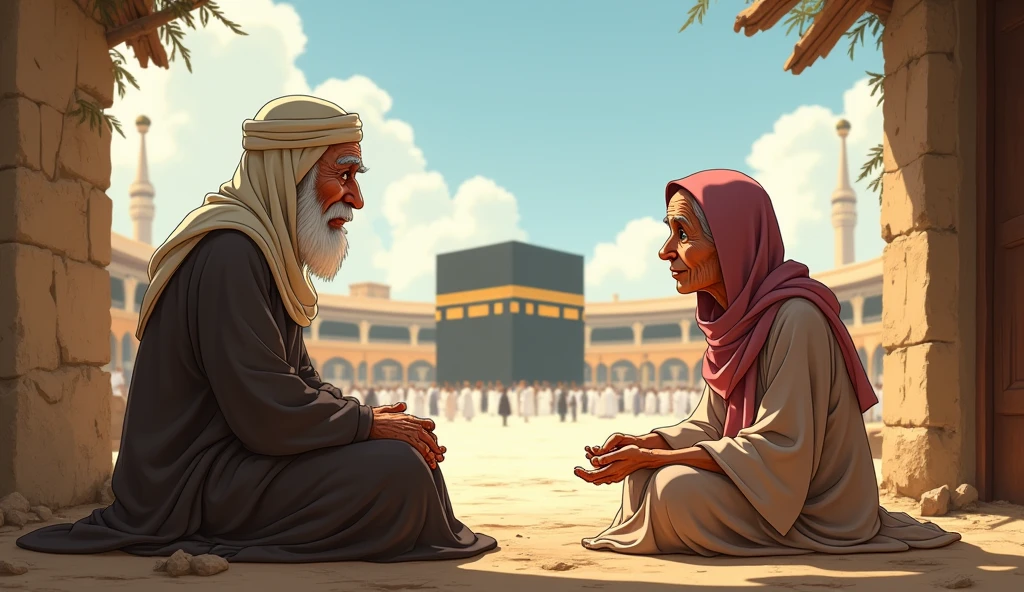Animated image of a weak old Muslim woman sitting talking to a young man dressed in Muslim clothes in front of a small and rickety house that she wants to see the Kaaba in Mecca.