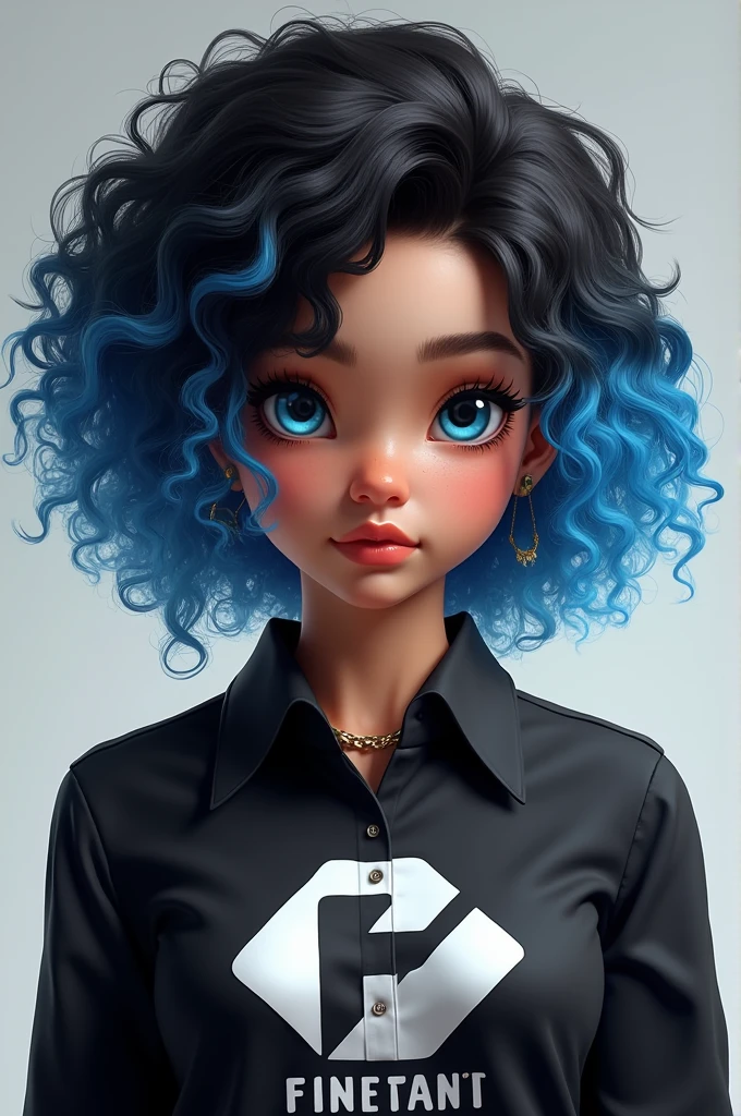 I want my character with curly hair with blue highlights in the hair. A black blouse with a white symbol in the middle with the name. !young.xp game free fire realista 






