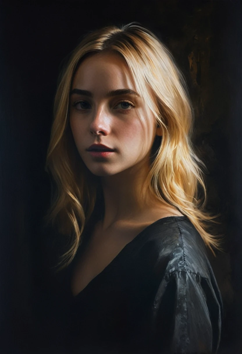 painting of a waist-length portrait of a girl with blond hair, dark atmosphere, cinematic scene, volumetric lights, ultra realistic, in the style of nicola samori
