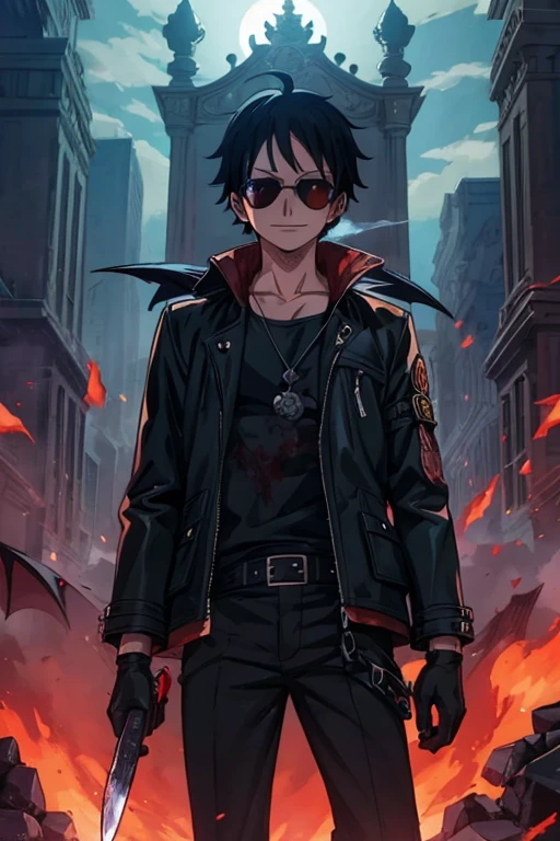 ((illustration)), (best quality)), ((masterpiece)), (detailed), teenager, 1male, black hair, jacket, black gloves, coat, sunglasses, leather, solo, anime: 2, city, night, flat color, demons, monsters, throne, holding knife, glowing eyes, smoke, bloody, blood on clothes, blood on face, crazy smile, war, chaos, cinematic, epic, anime, fire, explosion, kingdom background, dark crown, One piece style,