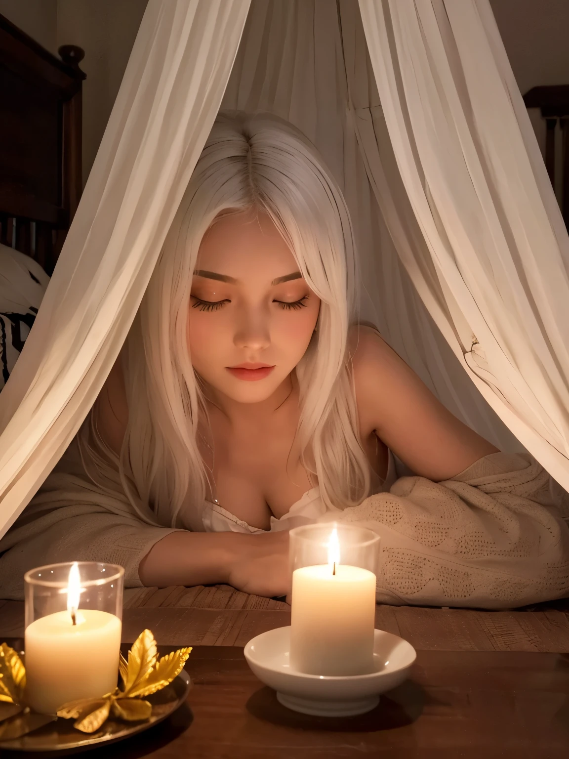 masterpiece、 girl, white hair, western style bedroom, ((canopy bed)), lots of candle, night, focus on the face, read a book, surrounded by candles