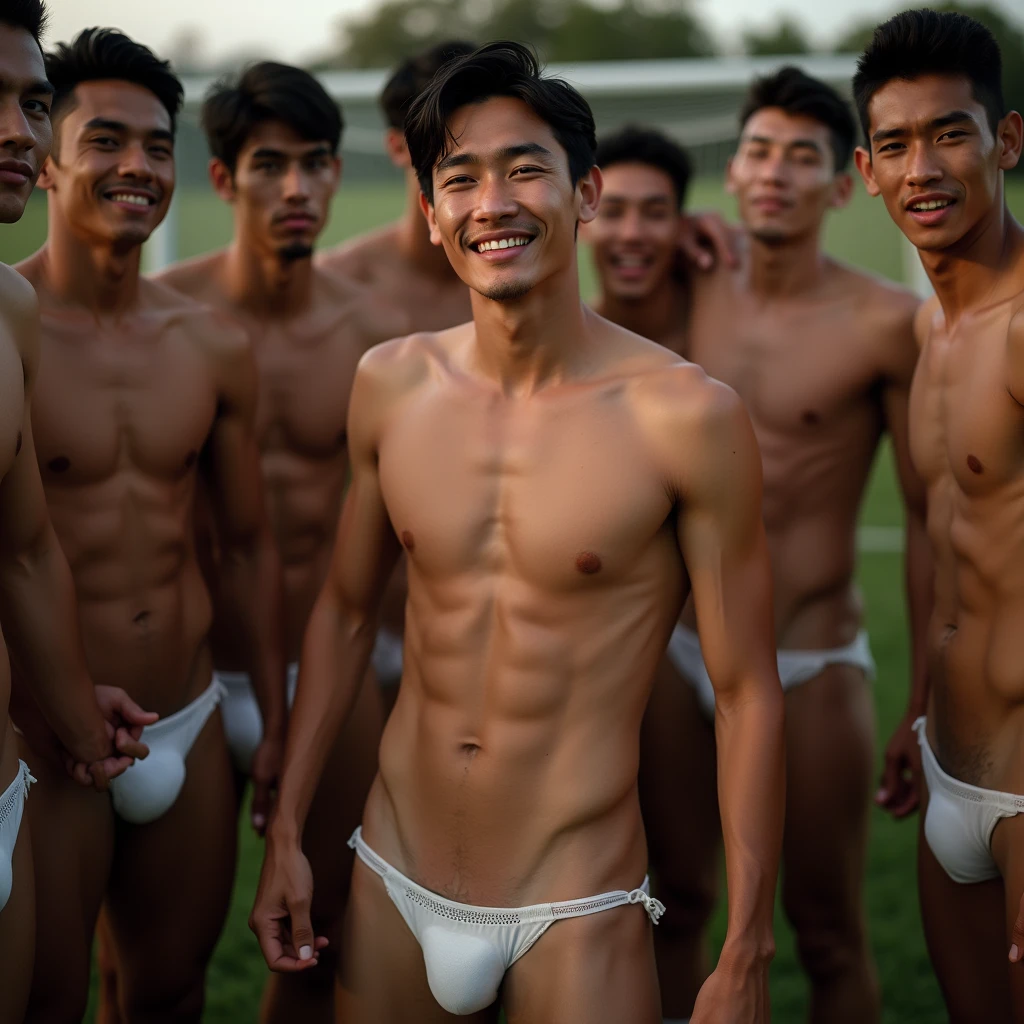 Realistic photography, ung skinny Mixed Latino and Japanese male supermodel, wearing transparent tiny low-cut thong covering half of his big hard cock. thick bulge, with a slight off-center placement to draw the eye towards him while still incorporating of hot group of male football team in background. (Full body photo), Proudly showing off almost naked body, masterpiece, detailed face, detailed eyes, sexy, beautiful abdomen and beautiful smooth legs and a detailed big hard bulge, expression of ecstasy, exciting, detailed eyes and lips, Image quality is of the highest standard, with ultra-detailed features and a realistic appearance, enhancing the overall aesthetic. The lighting is soft and natural, casting a soft glow on the boy, The photograph is taken with a Canon EOS R6 camera using an 85mm f/1.8 lens at an f/2.2 aperture, Employing shadows enhances his features and adds depth to the composition. The careful layering and arrangement of his body parts and surrounding objects ensure a flawless composition. This masterpiece celebrates the beauty of the male form and invites viewers to immerse themselves in a world of sophistication and charm. The seductive lighting and intricate details, combined with a dramatic composition, invite viewers to revel in the essence of a fun-filled day, brimming with joy and relaxation. Attention is meticulously paid to the layers and arrangement of his body parts and surrounding objects, ensuring correct body structure and photo distance, The romantic atmosphere, paired with a lively and extremely gorgeous background, enhances the overall allure of this exquisite image.