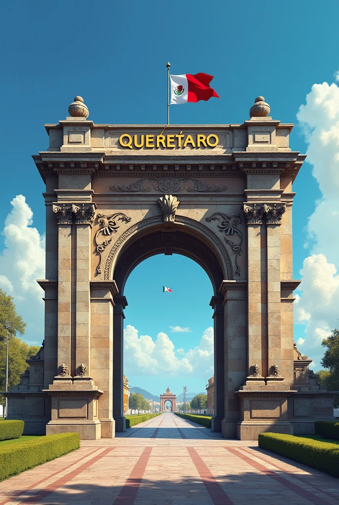 Make a picture of the arches of Querétaro and in the sky it says Querétaro with a Mexican flag, 