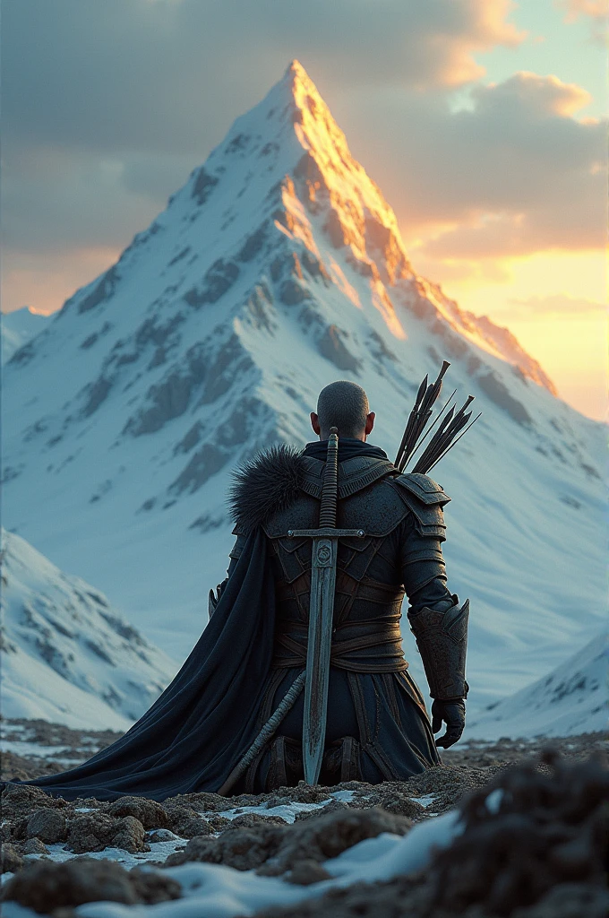 A warrior kneeling on the ground with his sword stuck in the ground and arrows stuck in his back, in the background a mountain of ice and the sun rising