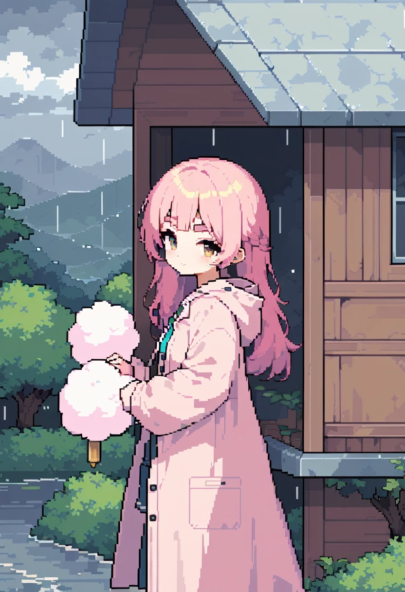 (((Highest quality, 8k, masterpiece: 1.3)), Beautiful pixel art, \One Woman, Pink Hair, Long Hair, Cotton candy hair, Fluffy hair, Thick eyebrows, Wearing a light pink raincoat, nail a piece of wood to a window in a house, Golden mallet, Rainy Sky, Overcast sky, Strong winds, The leaves are waiting, Trees, The tree is leaning at an angle due to the wind, typhoon, Prairie House