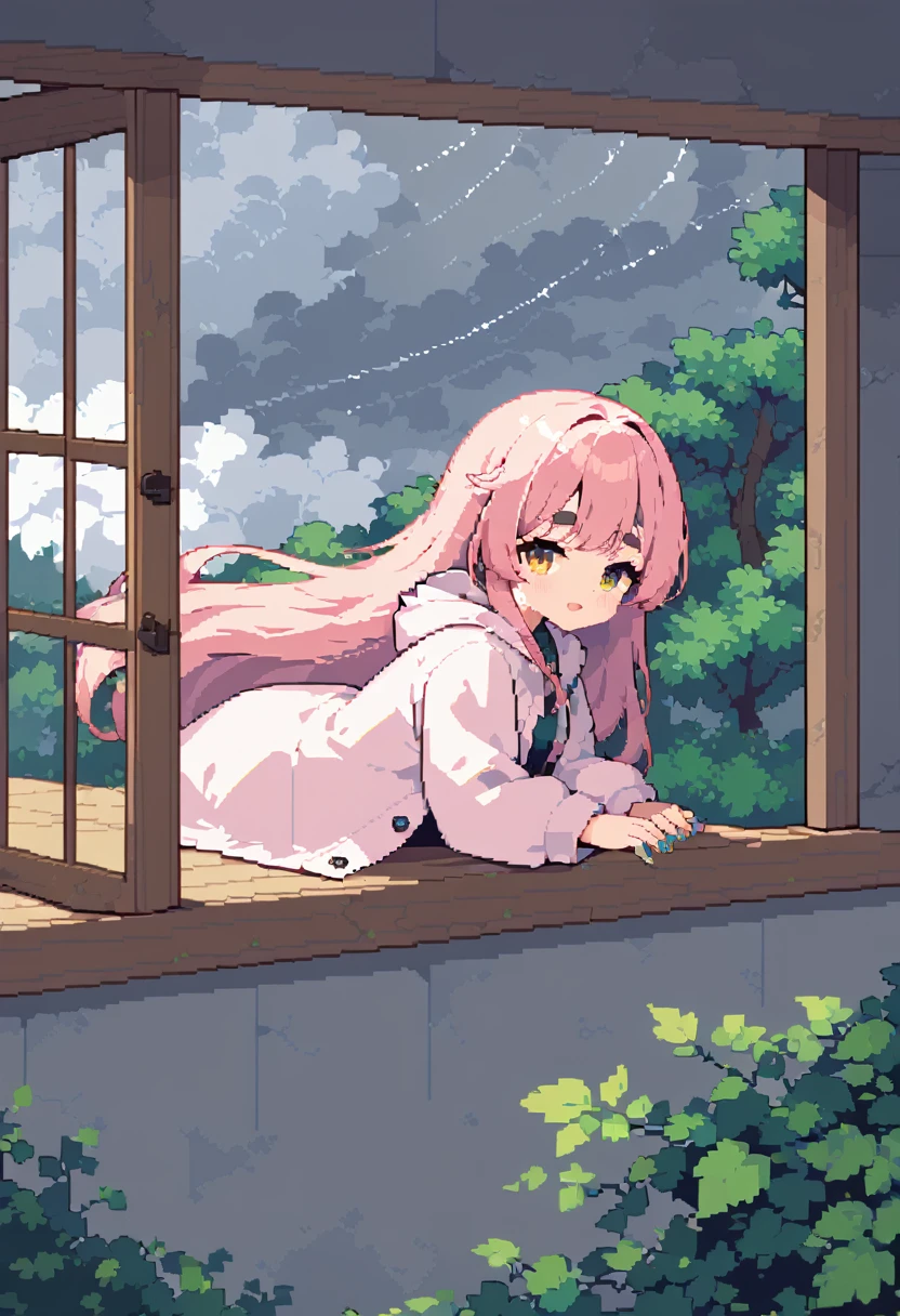 (((Highest quality, 8k, masterpiece: 1.3)), Beautiful pixel art, \One Woman, Pink Hair, Long Hair, Cotton candy hair, Fluffy hair, Thick eyebrows, Wearing a light pink raincoat, nail a piece of wood to a window in a house, Golden mallet, Rainy Sky, Overcast sky, Strong winds, The leaves are waiting, Trees, The tree is leaning at an angle due to the wind, typhoon, Prairie House