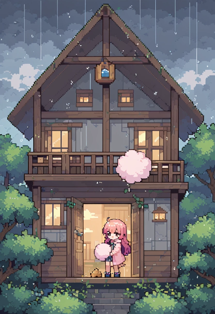 (((Highest quality, 8k, masterpiece: 1.3)), Beautiful pixel art, \One Woman, Pink Hair, Long Hair, Cotton candy hair, Fluffy hair, Thick eyebrows, Wearing a light pink raincoat, nail a piece of wood to a window in a house, Golden mallet, Rainy Sky, Overcast sky, Strong winds, The leaves are waiting, Trees, The tree is leaning at an angle due to the wind, typhoon, Prairie House