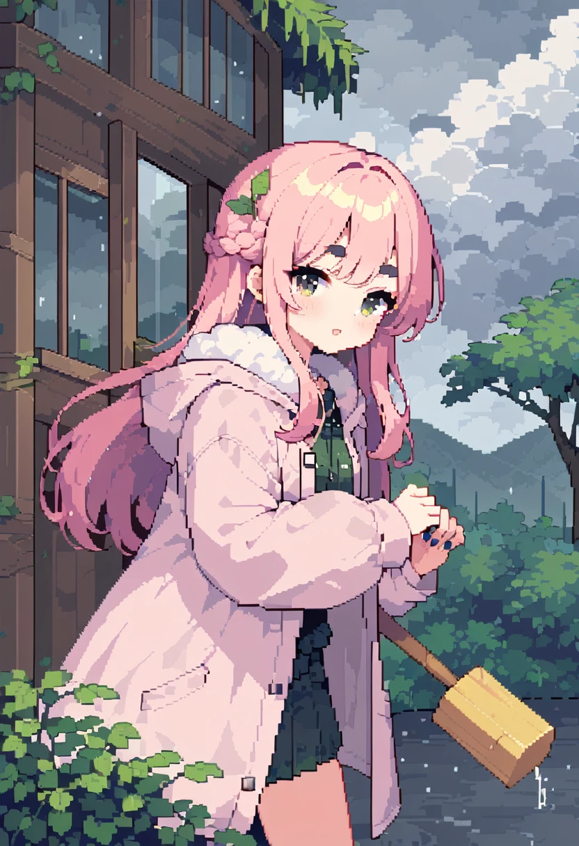 (((Highest quality, 8k, masterpiece: 1.3)), Beautiful pixel art, \One Woman, Pink Hair, Long Hair, Cotton candy hair, Fluffy hair, Thick eyebrows, Wearing a light pink raincoat, nail a piece of wood to a window in a house, Golden mallet, Rainy Sky, Overcast sky, Strong winds, The leaves are waiting, Trees, The tree is leaning at an angle due to the wind, typhoon, Prairie House