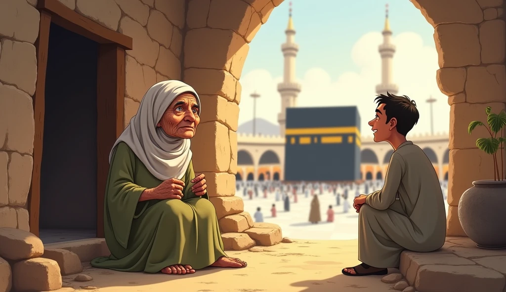 Animated image of a weak old Muslim woman sitting talking to a young man dressed in Muslim clothes in front of a small and rickety house that she wants to see the Kaaba in Mecca.