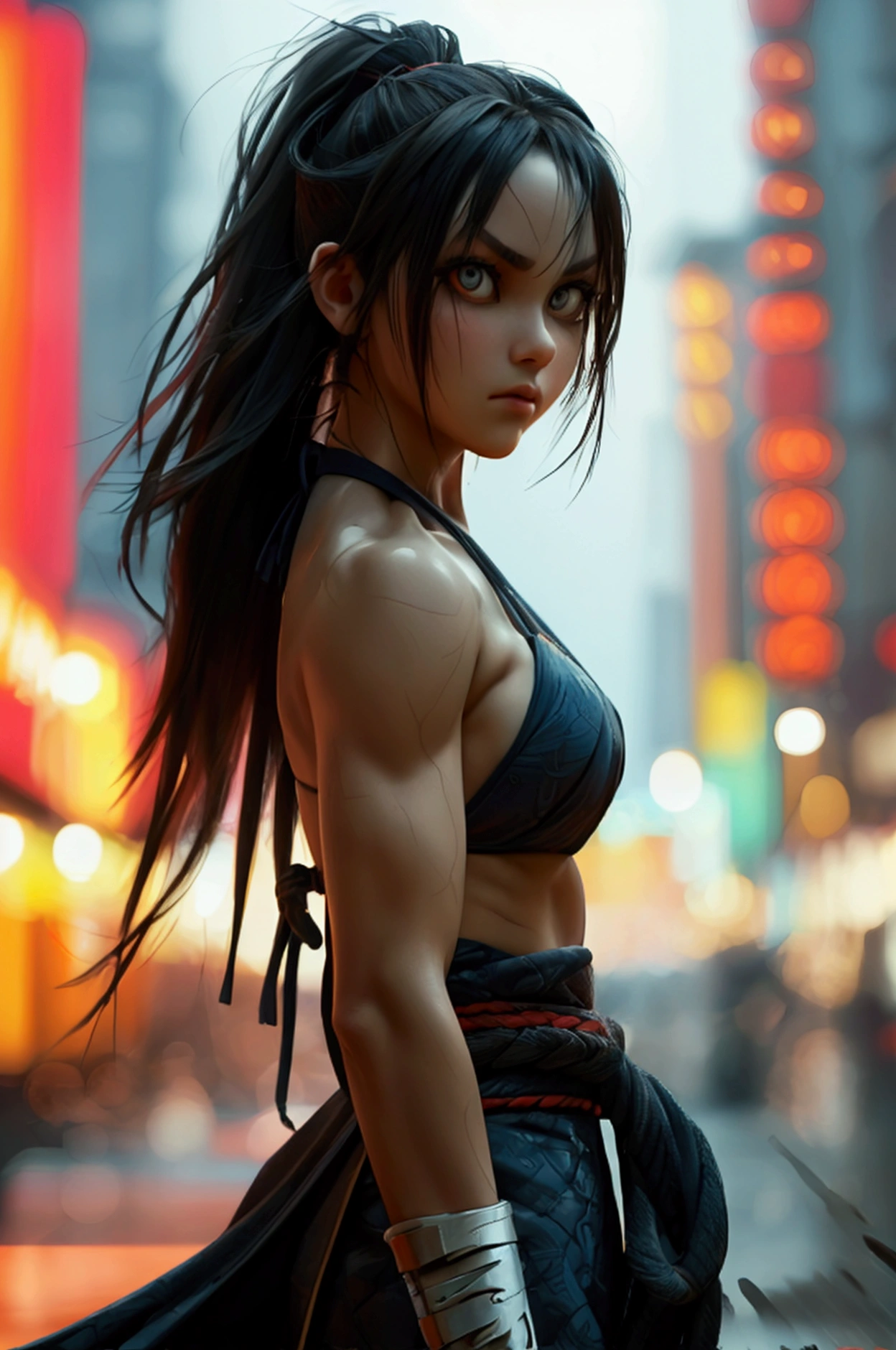 A fierce female warrior in a dynamic mid-air kick, with flowing long hair and traditional martial arts attire. Her eyes are sharp and focused, her hands clenched into fists, ready to strike. The background is a blurred cityscape at dusk, with neon lights and fog creating an atmospheric effect beautiful girl with no hair, no hairs on head, skin head , wearing bikini , student, +3 View prompt standing, 3 View Drawings, side and Front and back, Character Sheet, Full body, Simple white background, character reference sheet, Concept art, design sheet, Character Design, full body adoptable horizontal clear charcter style sheet