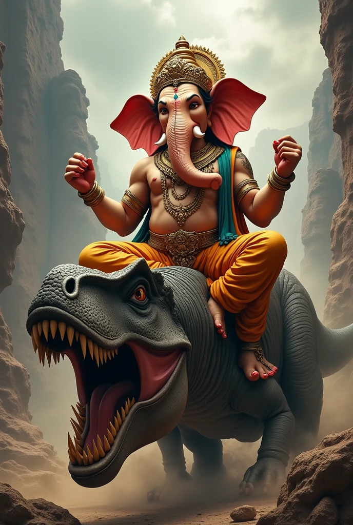 Ganpati like rowdy sit on danger dinosaur sreaming