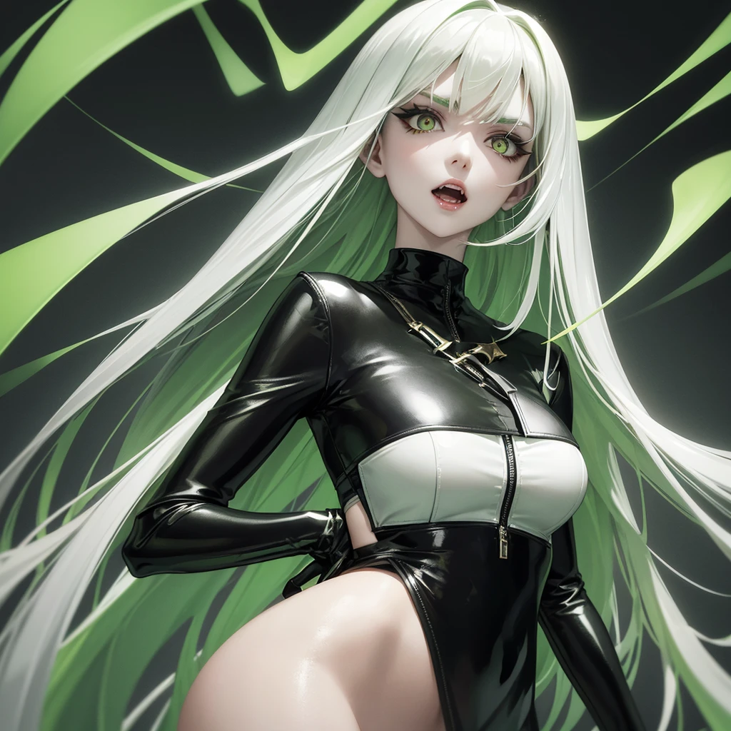 woman with GREEN long hair, green long hair, golden eyes, Pale white skin, green eyebrow, she is wearing a black leather turtleneck top, silver cross accessories, mint background, dynamic shadow, Glossy black makeup, vampire fangs, open mouth, side view, 