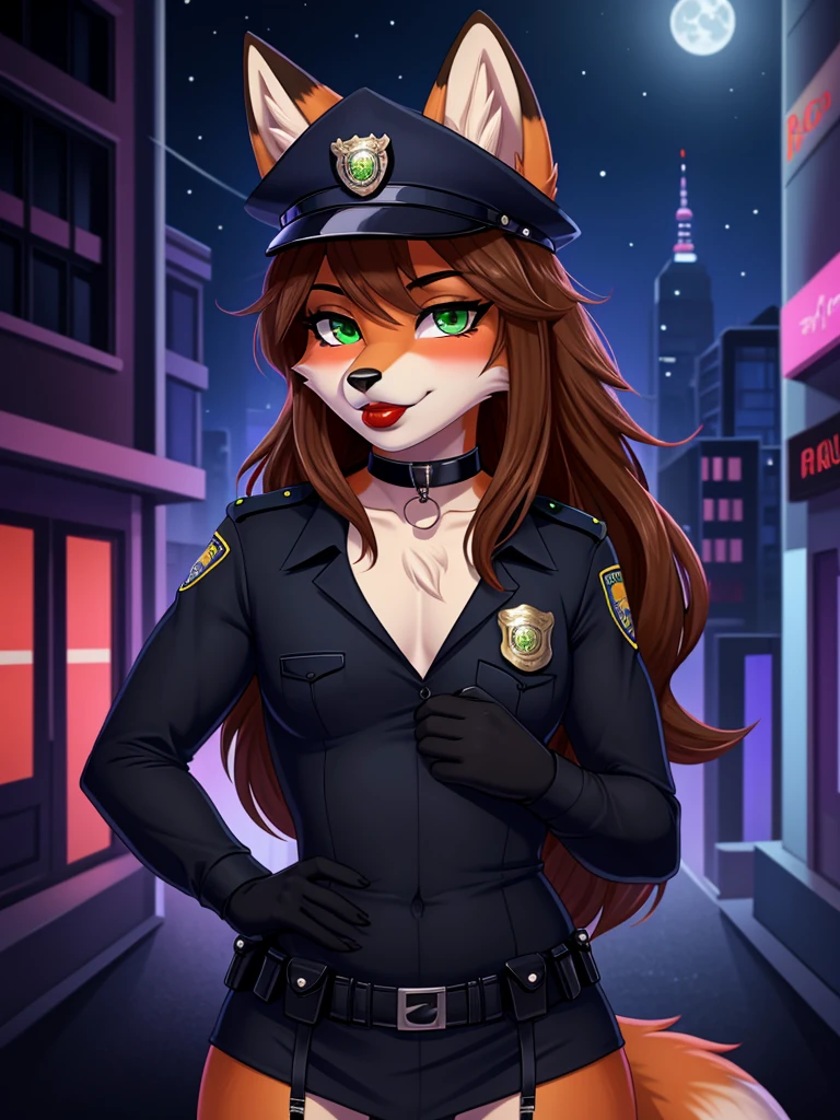 Best quality, furry male fox with green eyes, with brown long hair, with black spout, with red lipstick on lips, big lips, in a policewoman costume, a femboy, crossdressing,  shy, choker on the neck, flirts, sexy pose, portrait, against the backdrop of an empty night city 