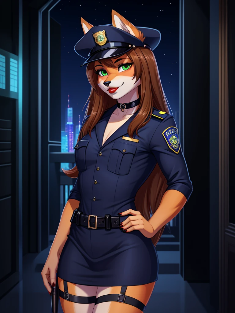 Best quality, furry male fox with green eyes, with brown long hair, with black spout, with red lipstick on lips, big lips, in a policewoman costume, a femboy, crossdressing,  shy, choker on the neck, flirts, sexy pose, portrait, against the backdrop of an empty night city 