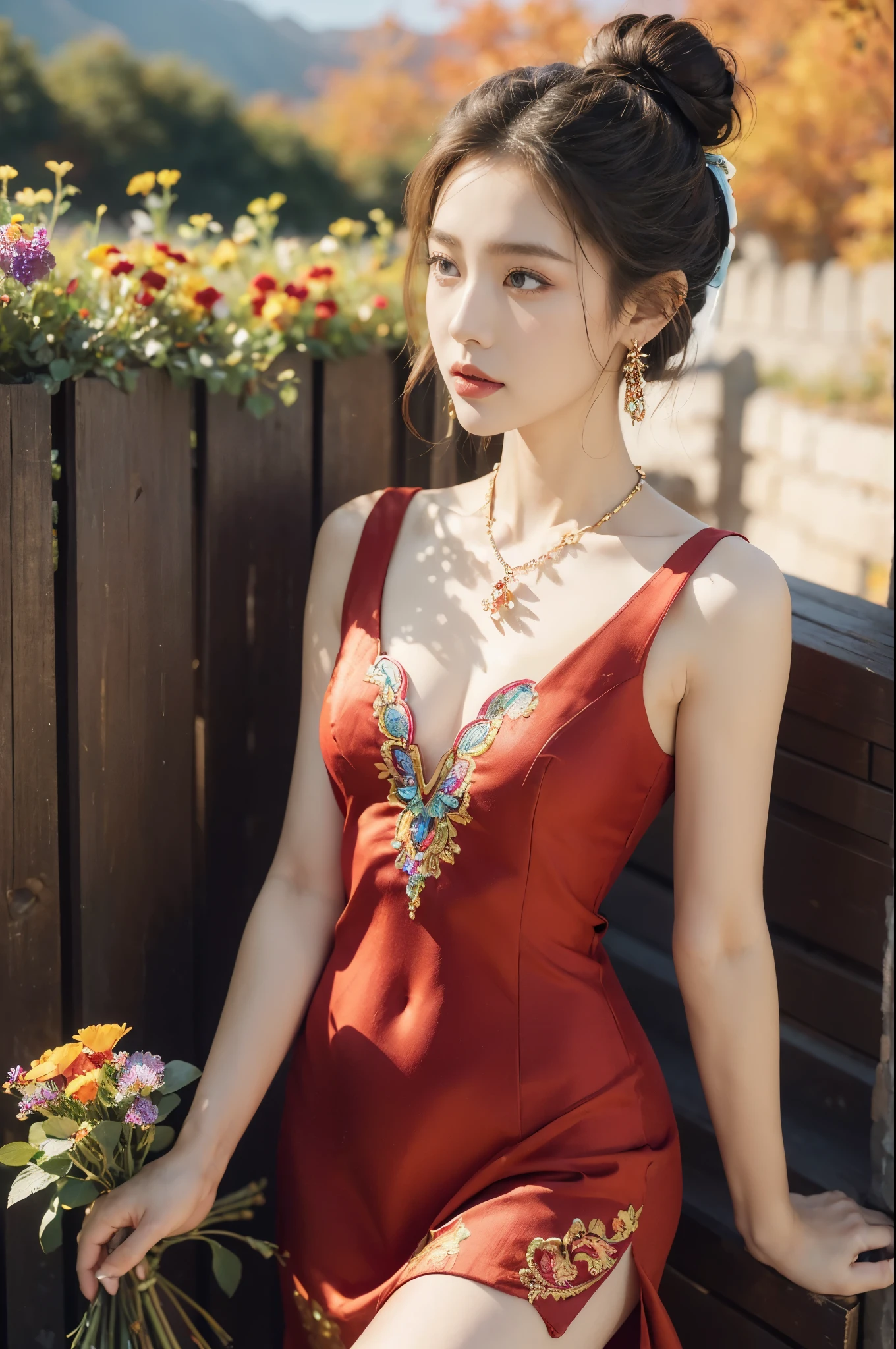 (((best quality))), (((ultra detailed))), (((masterpiece))), illustration,((1 beautiful girl,solo)),(on the Great Wall:1.3),(neat bun:1.2),((earrings,necklace)),((slim,thin)),((small breasts,flat chest)),((October, sunny, autumn,bright sunshine)), magnificent mountains,(maxi gorgeous Exquisite embroideried red dress:1.3),(stockings:1.3),(slender legs:1.2),(standing:1.3),gracefully,(detailed bright eyes:1.3),(fair skin:1.3), radiant,sparkling, vibrant colors,(colorful flowers:1.3), elegance, strength, perseverance, majestic, awe-inspiring, fluffy white clouds,((from front,upper body))