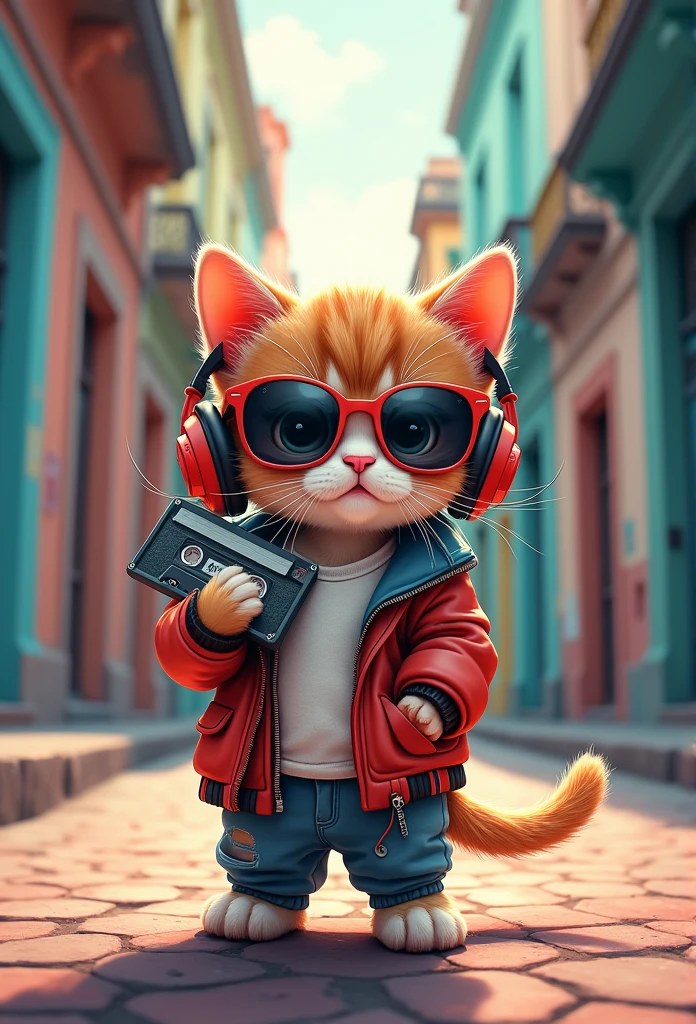 Perfect centering, Cute kitten, Wear a school jacket, Wear sunglasses, Wearing headphones and holding a cassette tape, Standing position, Abstract Beauty, Centered, Looking into the camera, To the camera, Near perfect, dynamic, Havana street corner、Very detailed, Digital Painting, artステーション, コンセプトart, Smooth, Sharp focus, 8k, High resolution, shape, art:Khan Griffith and Vadim Kashin, world heritage、16,9