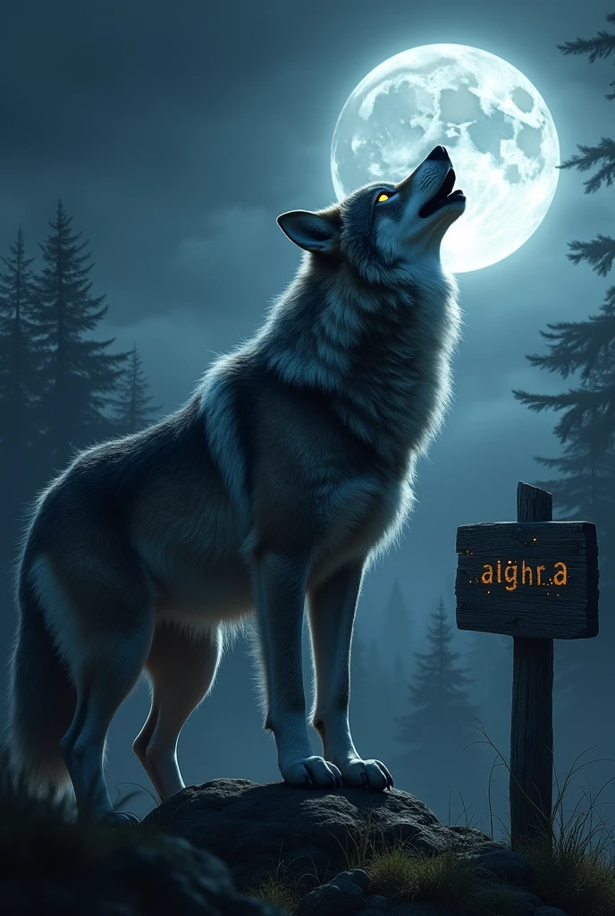 a large alpha wolf howling at the moon,wooden sign with "Alpha C0ders" text and wolf claw marks,detailed fur texture,glowing eyes,dark moody night sky,full moon,dramatic lighting,photorealistic,highly detailed,cinematic composition,epic fantasy landscape