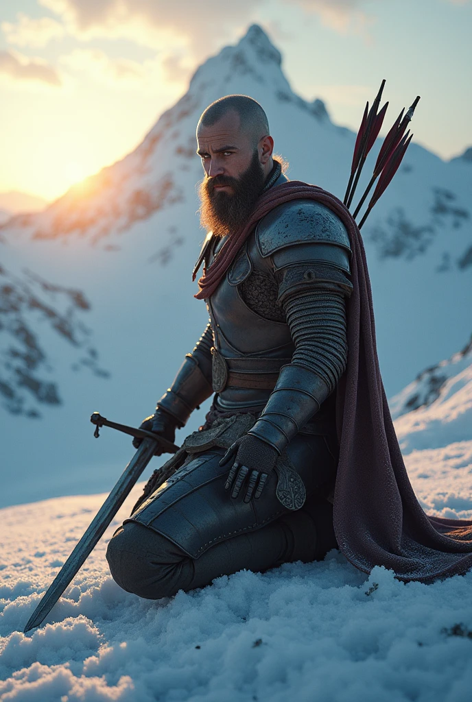 A warrior kneeling on the ground with his sword stuck in the ground and arrows stuck in his back, in the background a mountain of ice and the sun rising without being bald