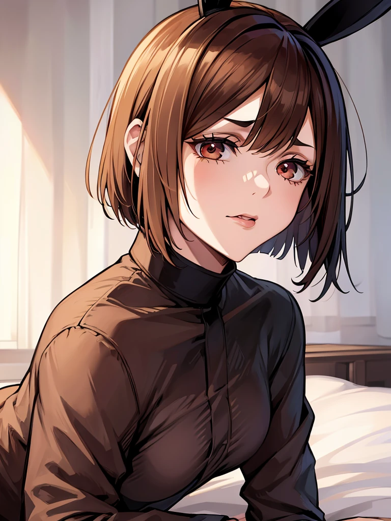 (high res, 8K, masterpiece, looking at viewer, best quality, very aesthetic, ultra detailed, ultra background, ultra Eyes) intricate details, 1girl, Nobara Kugisaki, She has short brown hair, hair that reaches her neck and is styled with bangs that cover the right side of her forehead, has orange eyes, long eyelashes, thin eyebrows of the same color, has an eye patch covering his left eye, Black Bunny Suit, Rabbit tail, rabbit ears, Lying on the bed, Perverted Face, Cheeks Flushed, Stick out the tongue, Cinematic Angle