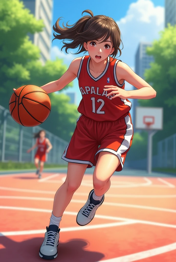 A girl of height 1.61 m medium wavy brunette hair playing basketball