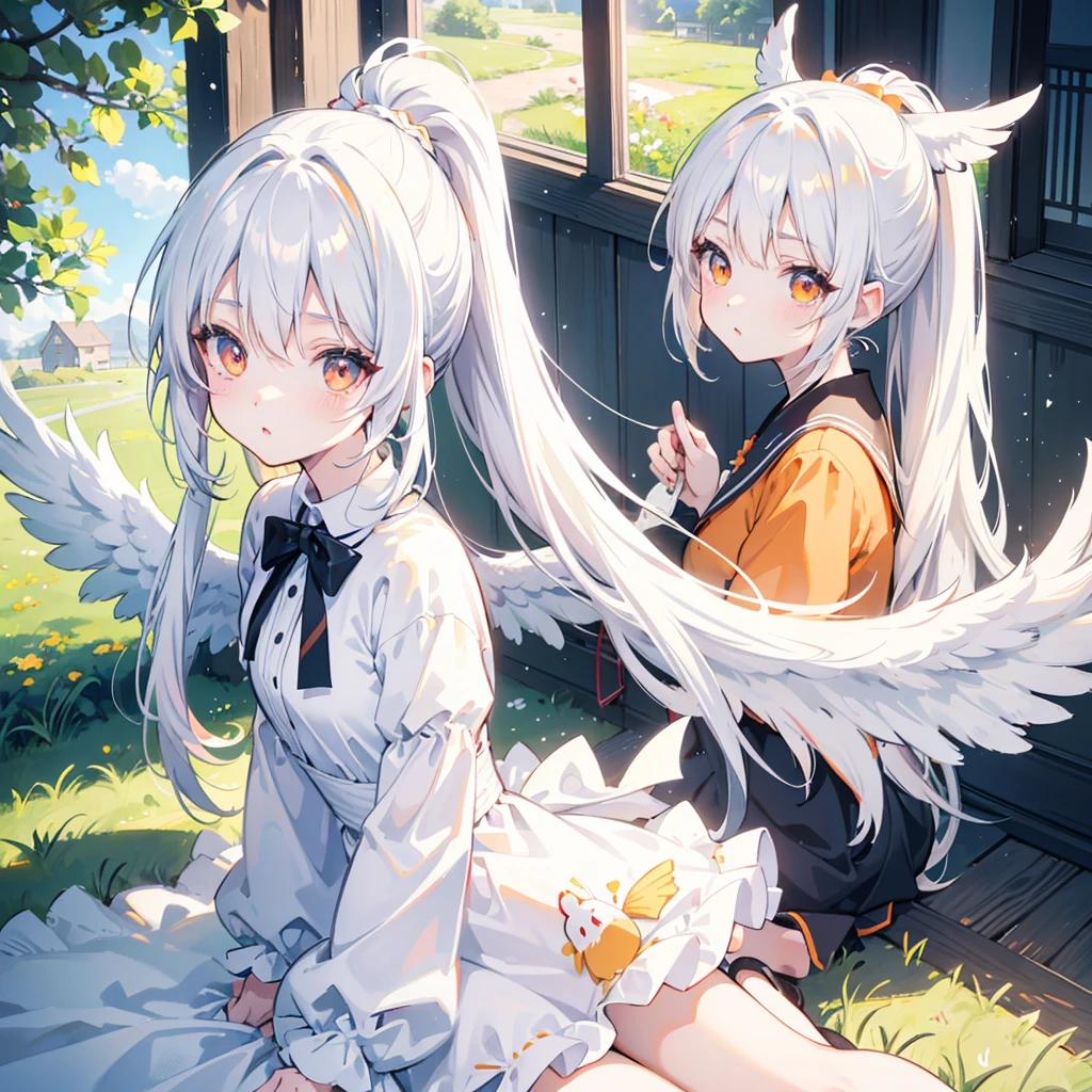 kawaii, anime, Cute, hyper quality, highly detailed, 8k, Clarity, Draw facial expressions in detail, orange eyes, white hair, ponytail, highlight on eyes, Looks surprised, grassland, chicken wings grow, light shines, noon, bright, blue sky, inside the house, wear a dress, upward glance,