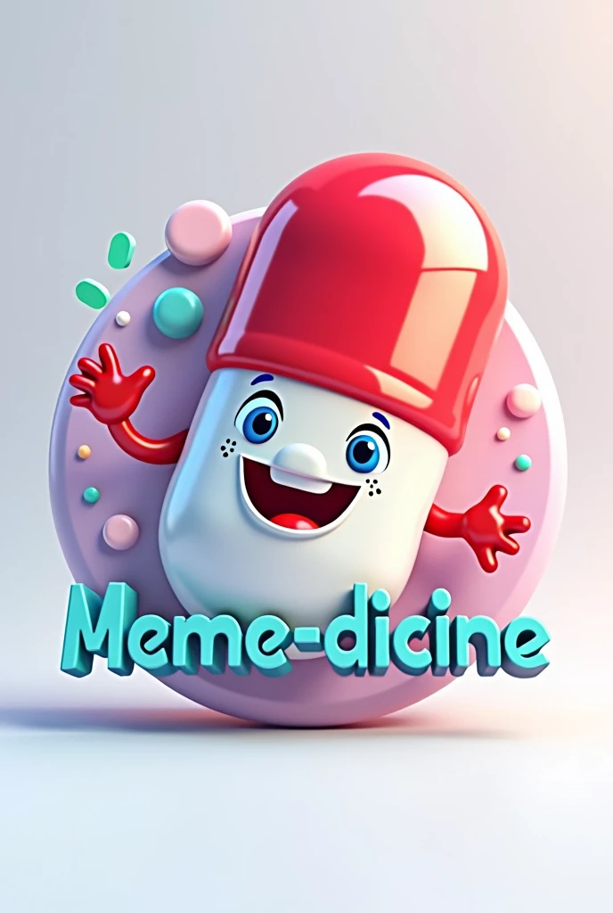Design a 3D logo for a meme page called 'meme-dicine.' The logo should blend humor and medicine themes. The central element should be a pill capsule, one half red and the other white, with a big, playful smile and expressive cartoon eyes, symbolizing laughter. The text 'meme-dicine' should curve around the capsule in a modern, bold font, with bright, eye-catching colors. The overall vibe should be fun and engaging, appealing to a young audience that enjoys memes.