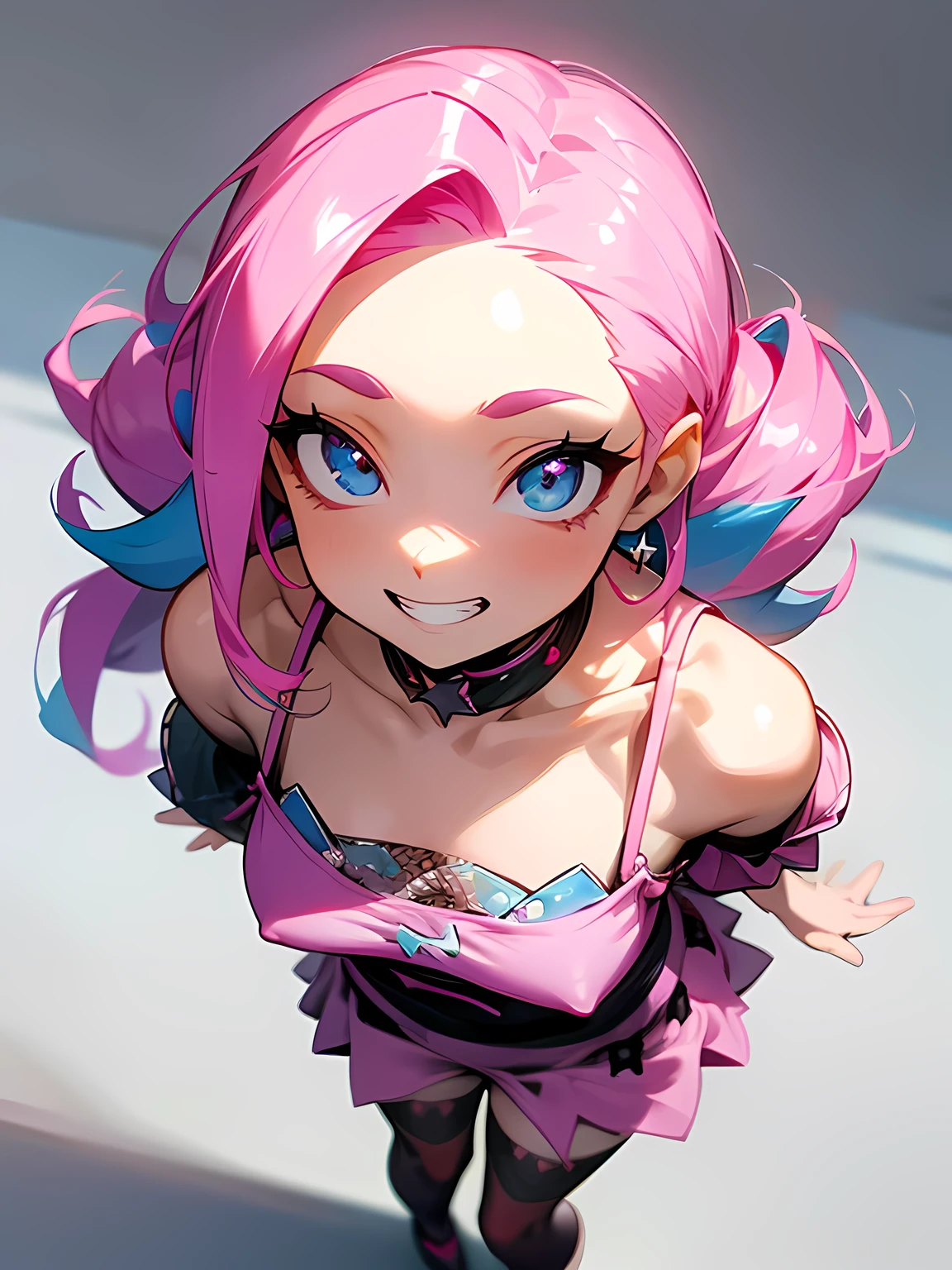 (from above:1.3),solo,(looking at viewer:1.2),((leaning foward:1.3)), Model Pose,close up cute face,pink multicolor curly sideup hair, (tsurime), big forehead, eyelash, punk lady clothing, offshoulder, white camisole, pastel blue miniskirt, fishnet stockings, punk rock image, Sing a song、(diva),(I am the star)、grin