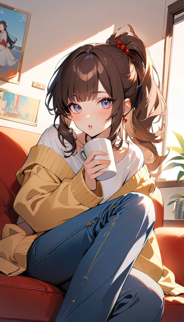 1woman, 独奏, gray eyes, detailed eyes, eyelashes, light lips, 25years old, Brown Hair, Neat bangs, ponytail, oversized yellow cardigan, White T-shirt, blue denim, Put your mouth on the mug, Sitting on a vermilion sofa, My Room, Relaxed atmosphere