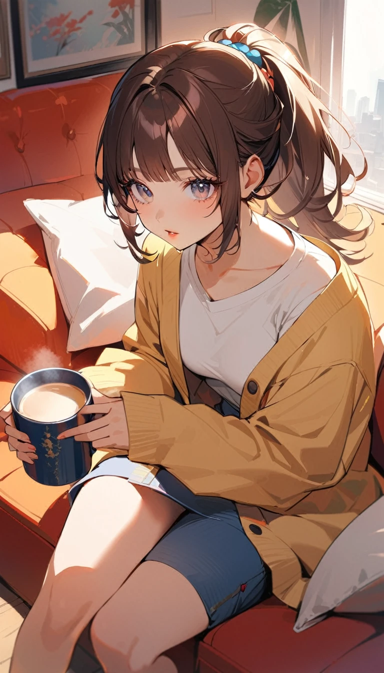 1woman, 独奏, gray eyes, detailed eyes, eyelashes, light lips, 25years old, Brown Hair, Neat bangs, ponytail, oversized yellow cardigan, White T-shirt, blue denim, Put your mouth on the mug, Sitting on a vermilion sofa, My Room, Relaxed atmosphere