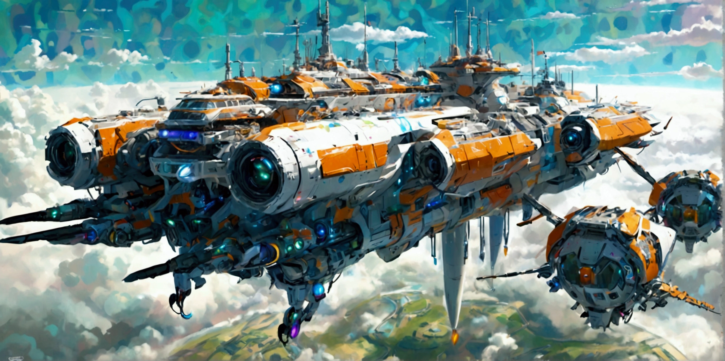 A long wide giant heavily armored divine futuristic flying all terrain biomechanical space battleship covered in rainbow batik pattern and glowing javanese runic symbols, (multiple retractable cybernetic spider legs with wheels on the tips), divine halo, flying hovercraft, flying submarine, flying aircraft carrier, flying hotel, flying resort, flying city, flying skyscraper, flying cruise ship, flying yacht, flying castle, flying military base, multiple thrusters, multiple helipad, multiple propeller, mobile headquarters, mobile command center, automatic turrets, missile banks, missile defense system, multi-port rear engine arrays, large pivoted missile pods, anti-air batteries, reactive armour over vital spaces, VTOL thrusters, ventral ground-facing VTOL thruster bays, retractable center cannon, super carrier, sky carrier, space station, floating city, floating castle, white background