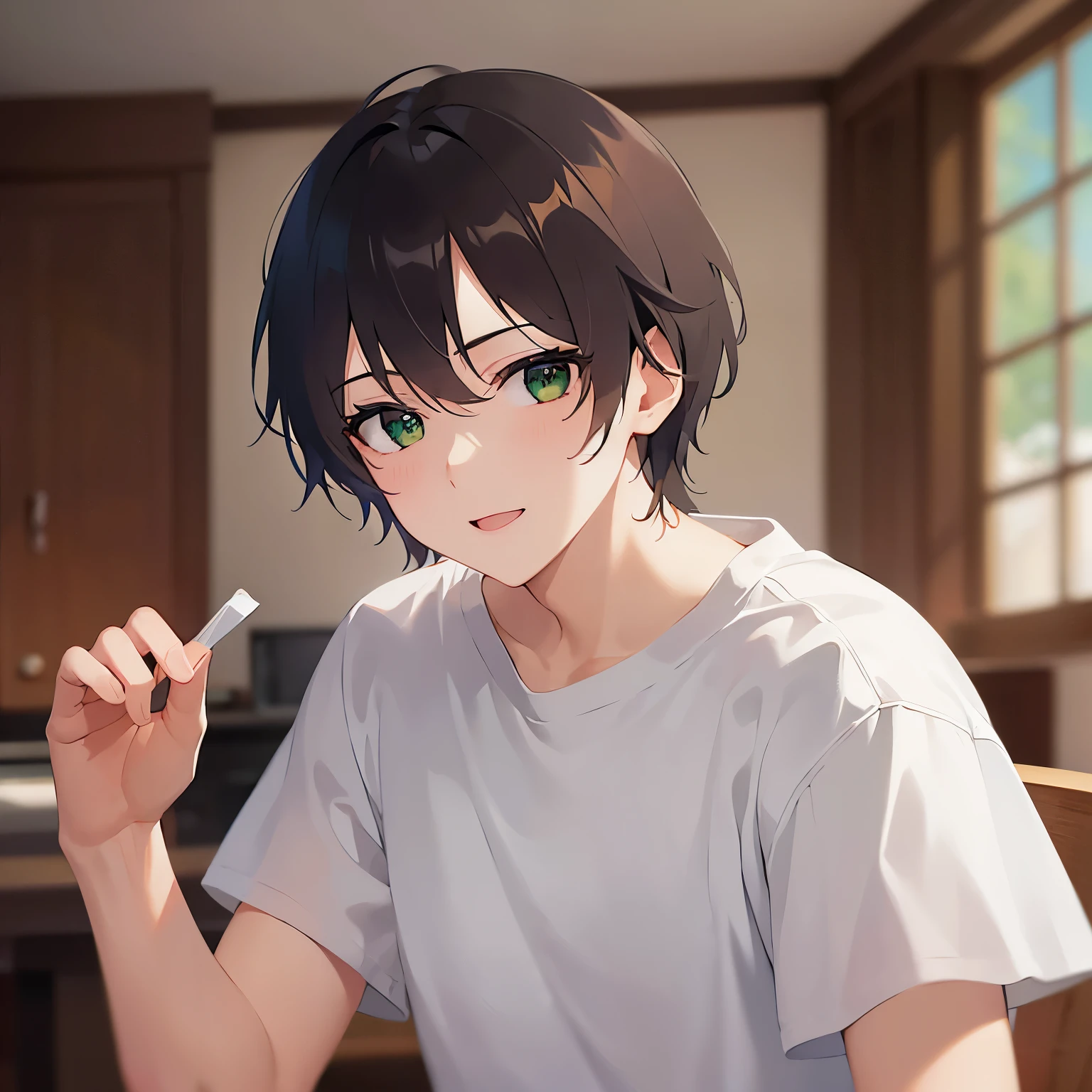 arm behind head, Biologically correct five fingers、upper body、masterpiece、Highest quality、(2 male:1.5) and (Brown short hair) and (Green Eyes), (White T-shirt)、Sad smile、The background is the living room、alone、