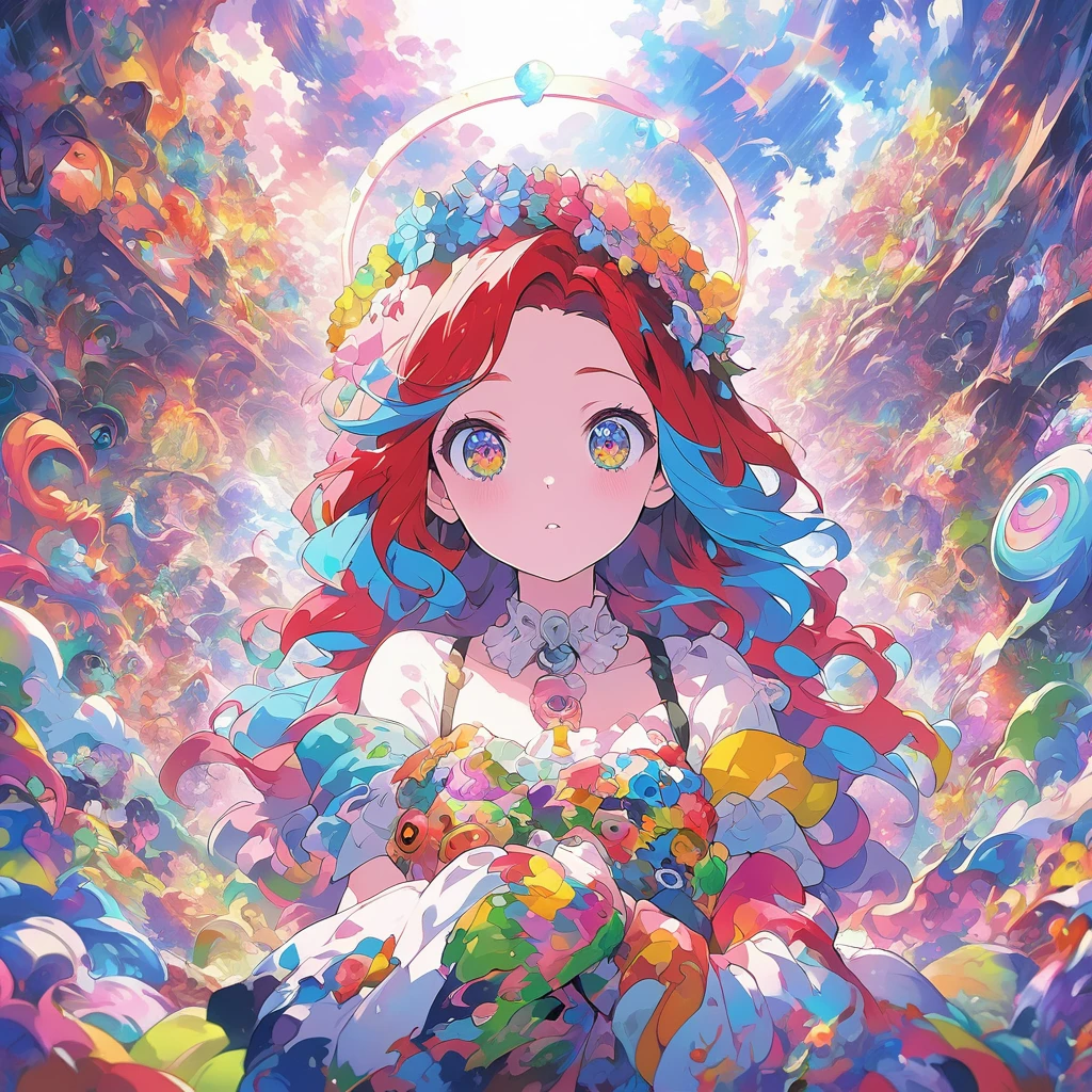 A sickly PTSD girl with red hair and a flower crown on her head, Fantasy psychedelic anime, Anime style 4k, Anime Abstract Art, Beautiful anime artwork, rich and colorful, Anime Art Wallpaper 4K, Anime Art Wallpaper 4K, official art works, Pathological complex, anime art wallpaper 8 k, Psychedelic LSD comics, Beautiful anime art, ufotable art style, Anime cute art style