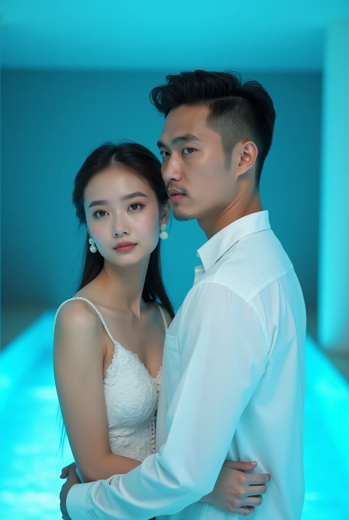 Best mobile wallpapers, Award Winning Wallpapers, Portrait photography, On the front there is a portrait of a cute, beautiful woman., and handsome indonesian men, who wears a modern white shirt,  Side view photo, taken with Canon EOS R5, Set a strong contrast that makes the subject stand out, Fluorescent blue tone, Clothes all in one color, luxury swimming pool background. 