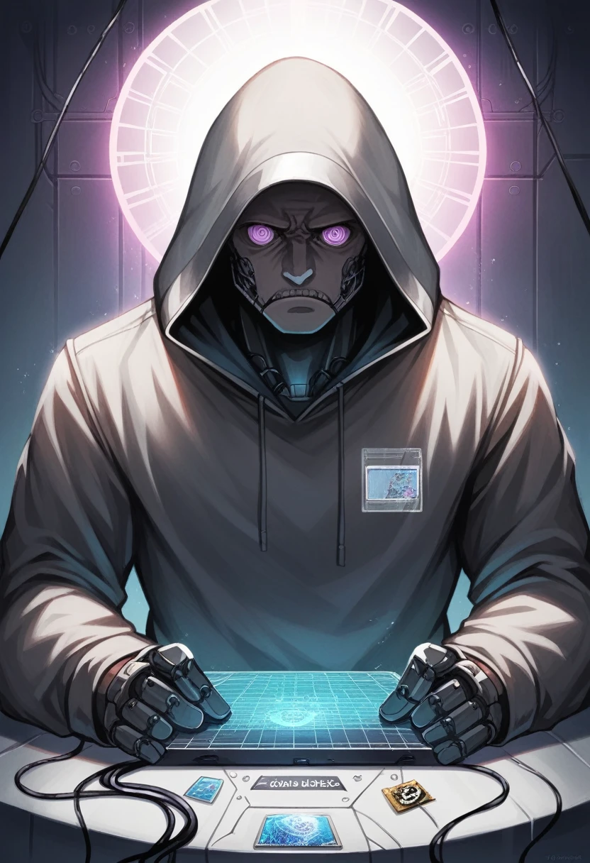 (Absurd, High resolution, Super detailed), 1 male, manly, Tall and muscular, good looking, Detailed drawn eyes, Intricate details, View your viewers, alone, Half Shot, Detailed Background, Detailed face,High Tech Futuristic Hacker, Advanced Technology, hoodie, Techwear, Wearable Devices, Key Card, cable, (Holographic Display:1.05), computer, password, Background control panel, Purple Lights, Dark and ominous atmosphere, Shadow,Troubled face、Gasping face,