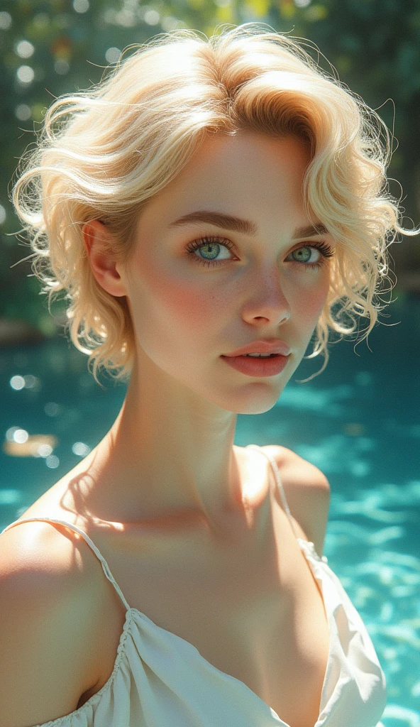 Detailed depiction, highest quality, highest resolution, delicate depiction, diverse lighting, blonde woman with short curly hair, majestic expression, viewer's gaze, realistic watercolor painting, photorealistic, sweet expression, in an oasis, detailed background, femininity, translucent white skin, delicately drawn face, beautiful face, thin and light eyebrows, round chin, strong luster, trustworthy woman, faithful depiction, slim abs, blue eyes, highest quality, masterpiece, ultra-high resolution, 8K, perfect beauty, light clothing, rich clothes, expensive, clear pond, strange world, mysterious world