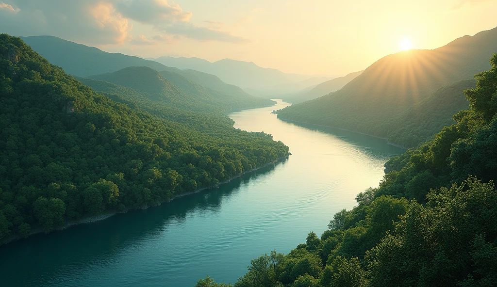 Water flows westwards to the sea(best quality,4K,8k,High level,masterpiece:1.2),Ultra Detailed,(lifelike,Photo real,Photo real:1.37)