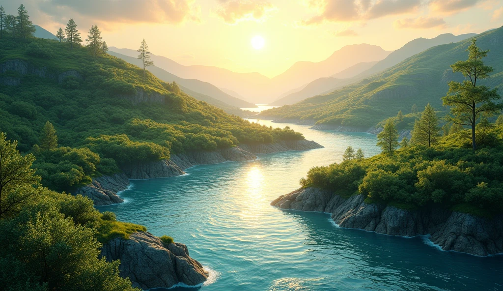 Water flows westwards to the sea(best quality,4K,8k,High level,masterpiece:1.2),Ultra Detailed,(lifelike,Photo real,Photo real:1.37)