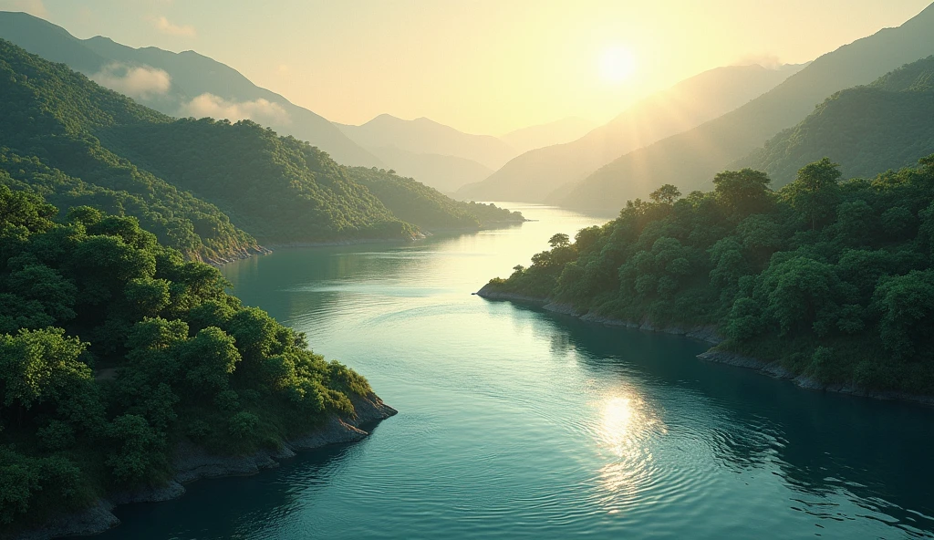 Water flows westwards to the sea(best quality,4K,8k,High level,masterpiece:1.2),Ultra Detailed,(lifelike,Photo real,Photo real:1.37)
