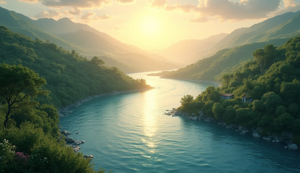 Water flows westwards to the sea(best quality,4K,8k,High level,masterpiece:1.2),Ultra Detailed,(lifelike,Photo real,Photo real:1.37)