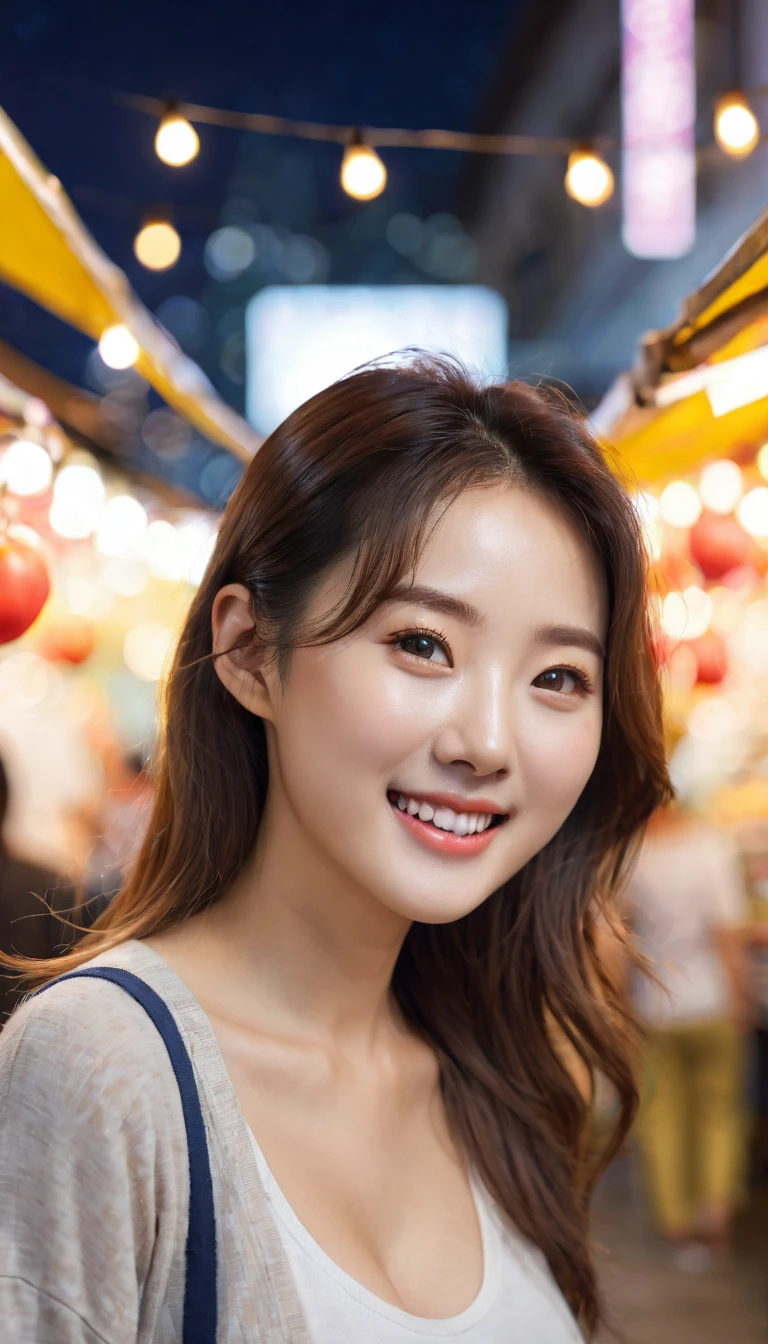 Bustling night market, Raw photo of beautiful korean female, 34 inch breasts size, wearing casual clothing, Bring snacks, Her face was full of joy and satisfaction, bokeh background, UHD.