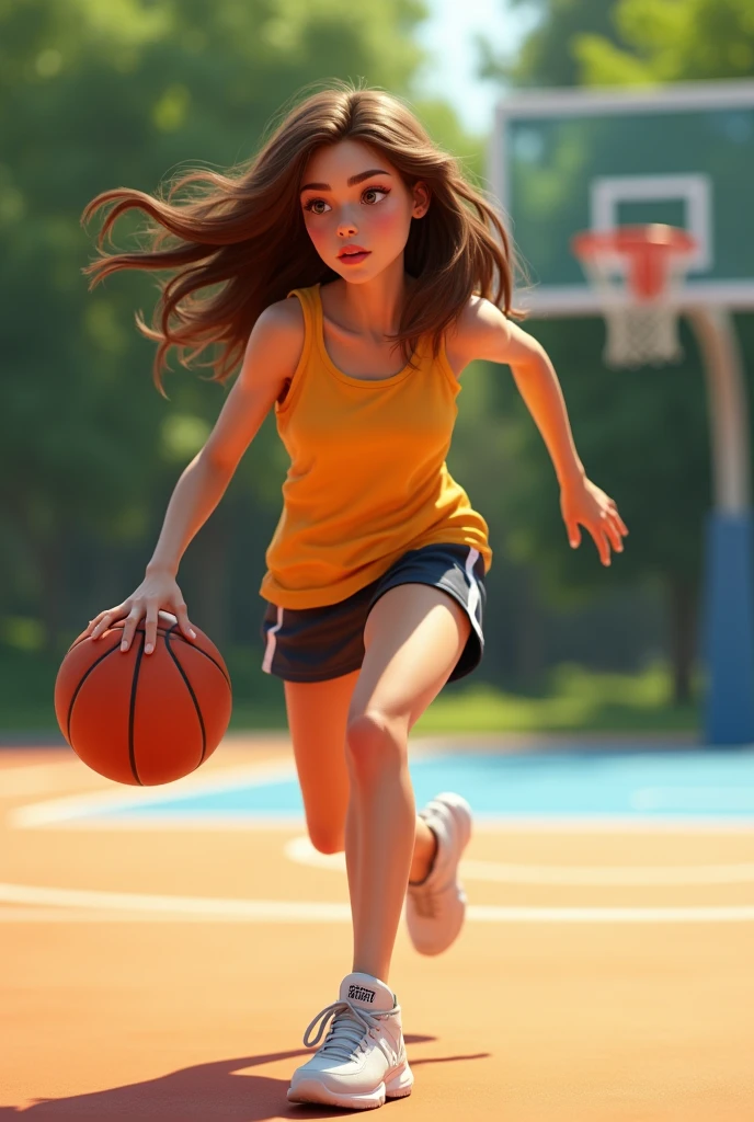 A girl of height 1.61 m medium wavy hair brown skin playing basketball