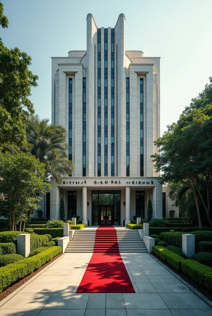 A wonderful and luxurious building, it's on it's own with large compound with trees and Grass with corporate Singaporean architecture and the words Nexus Global Embassy fully exposed on the building separate concrete with red carpet on the entrance with a good full view and angle .Expose the words Nexus Global Embassy on the concrete fully I can't see the words and the driveway the spelling is wrong work on spelling and clarity of words embassy has double ss