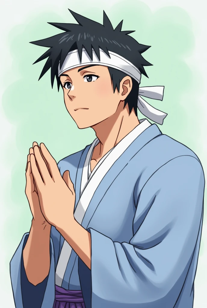 anime、profile、Chest to head、male、Around 40 years old、Muscular build、Square face、Round Nose、short hair、No bangs、Black Hair、Blue Jinbei、White headband、I close my eyes and pray
