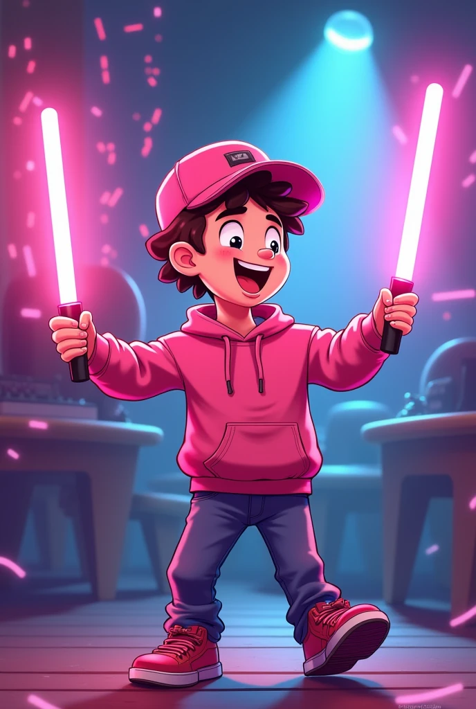 Cartoon of a 20 year old boy, with pink cap, pink sweatshirt, with LED light sticks in both hands, celebrating, with side position, from the waist up, with a disco background