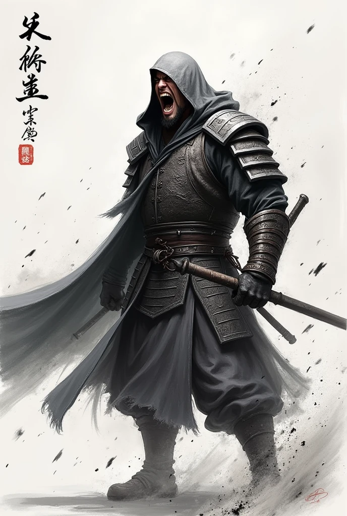 sumi ink painting, Zhang Fei, Romance of the Three Kingdoms, mouth wide open, loud voice, fighting spirit, hood,