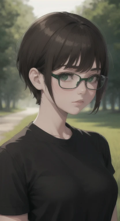 punk girl wearing glasses and a dark shirt, blurred green grass and trees in the background, short brown hair, detailed face, high quality, high resolution