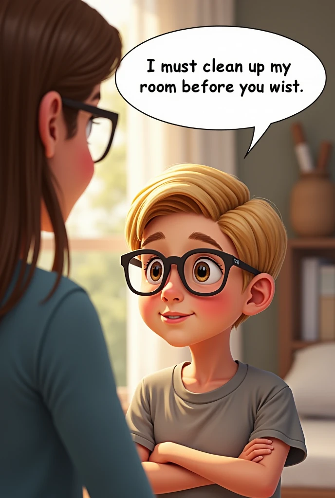 Make a blonde boy, using glasses, this boy is  and looks super smart that is talking to his mom with a bubble saying that he has to clean up his room first 